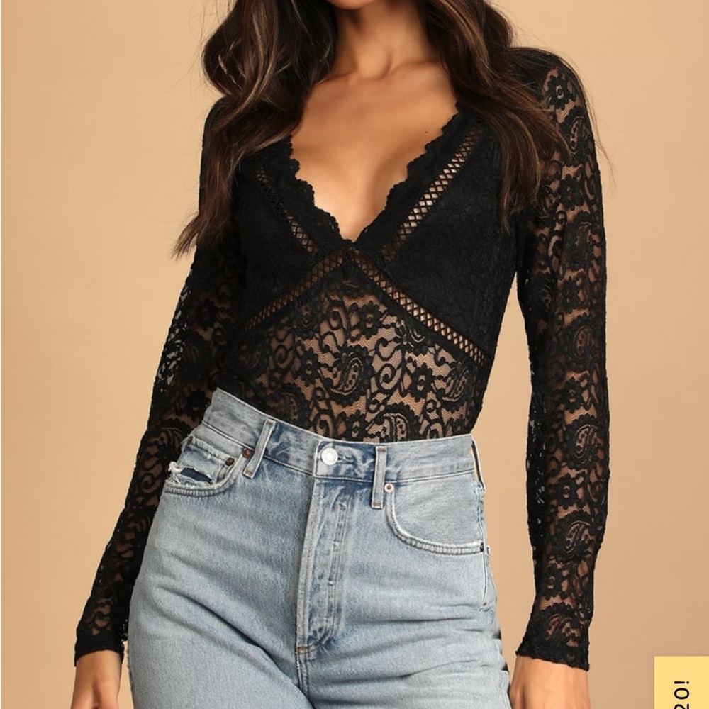 Lulus Sheer black lace long sleeve bodysuit